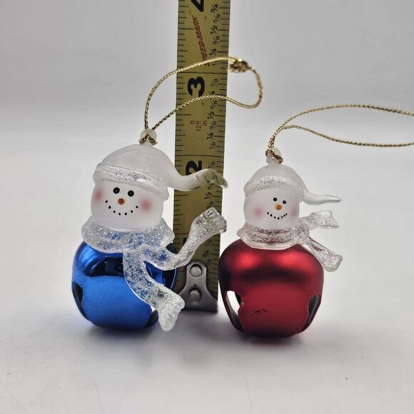 Glass Snowman On Bell Christmas Ornaments Holiday Decor Red Blue 2.25" Lot of 2 - Picture 6 of 6